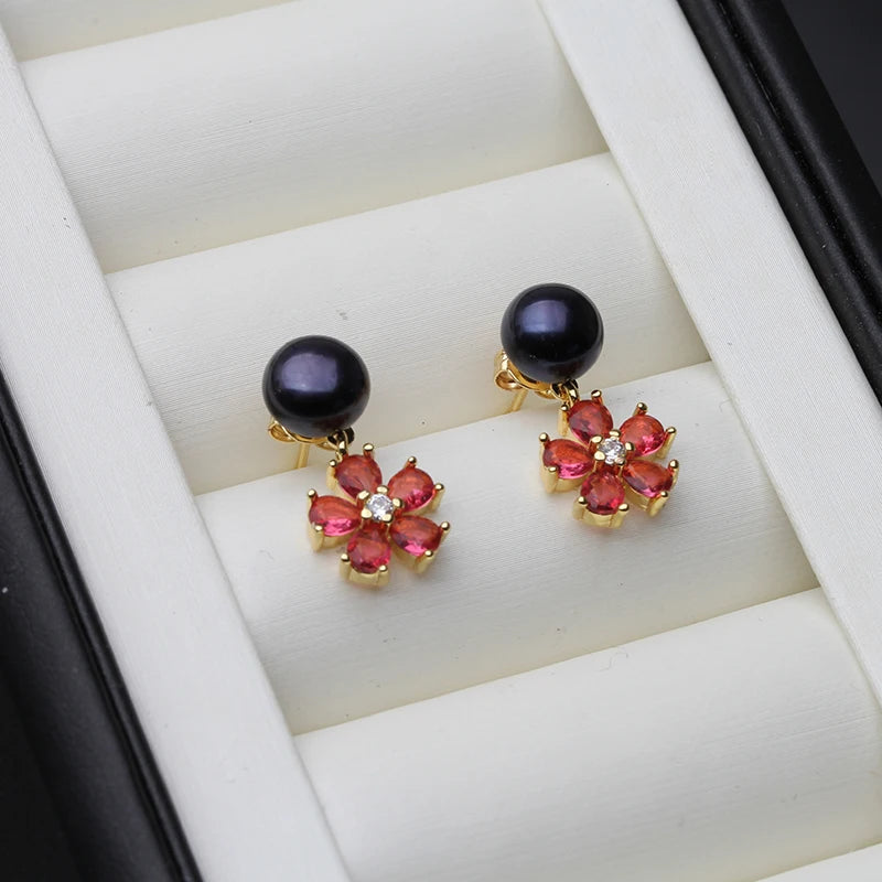 Real Natural Freshwater Pearl Earrings For Women,Flower Red
