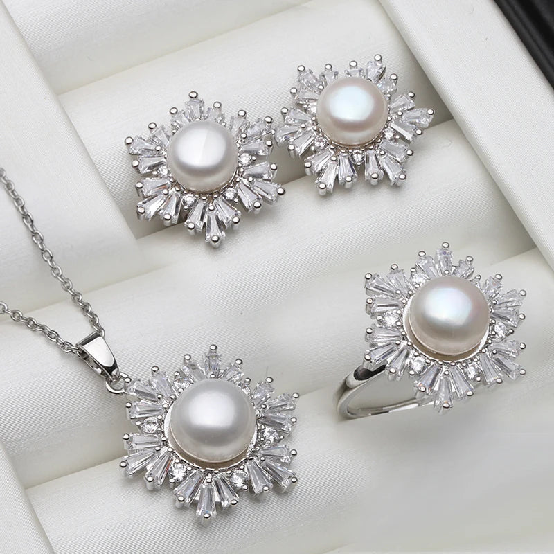 Real Freshwater Natural Pearl Set 925 Sterling Silver
