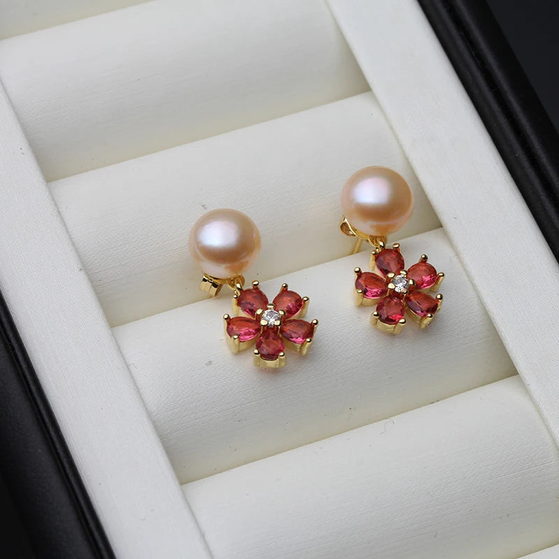Real Natural Freshwater Pearl Earrings For Women,Flower Red