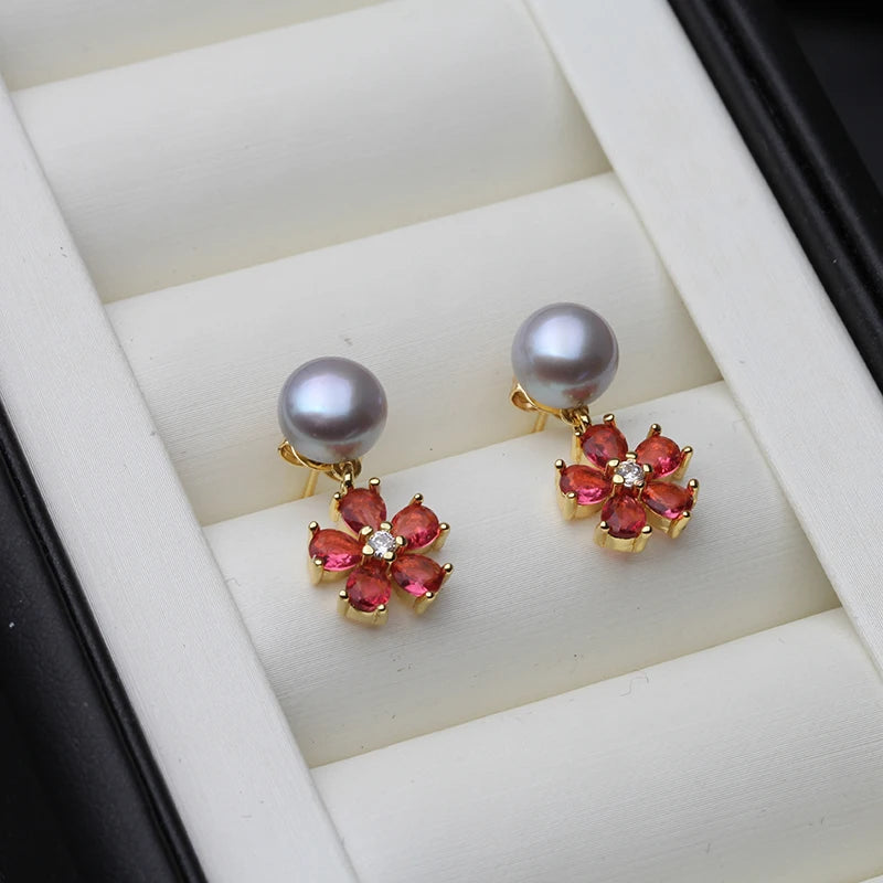 Real Natural Freshwater Pearl Earrings For Women,Flower Red