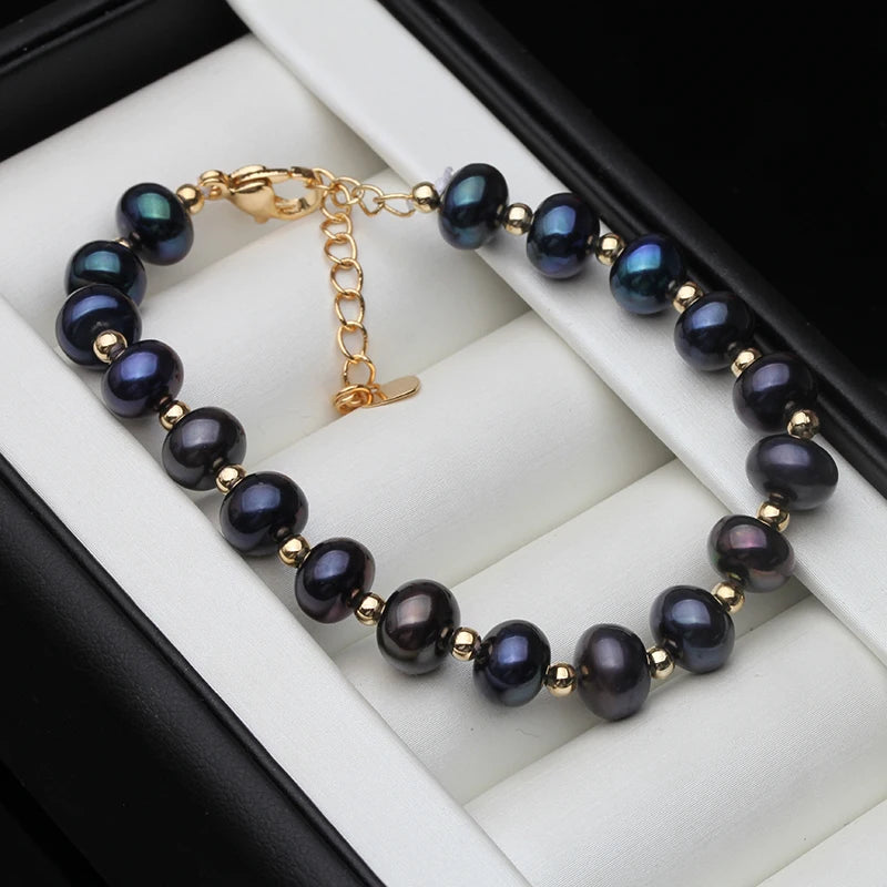 Real Natural Freshwater Black Pearl Bracelets Ladies Woman,Vintage Bridal Pearl Strand Bracelet