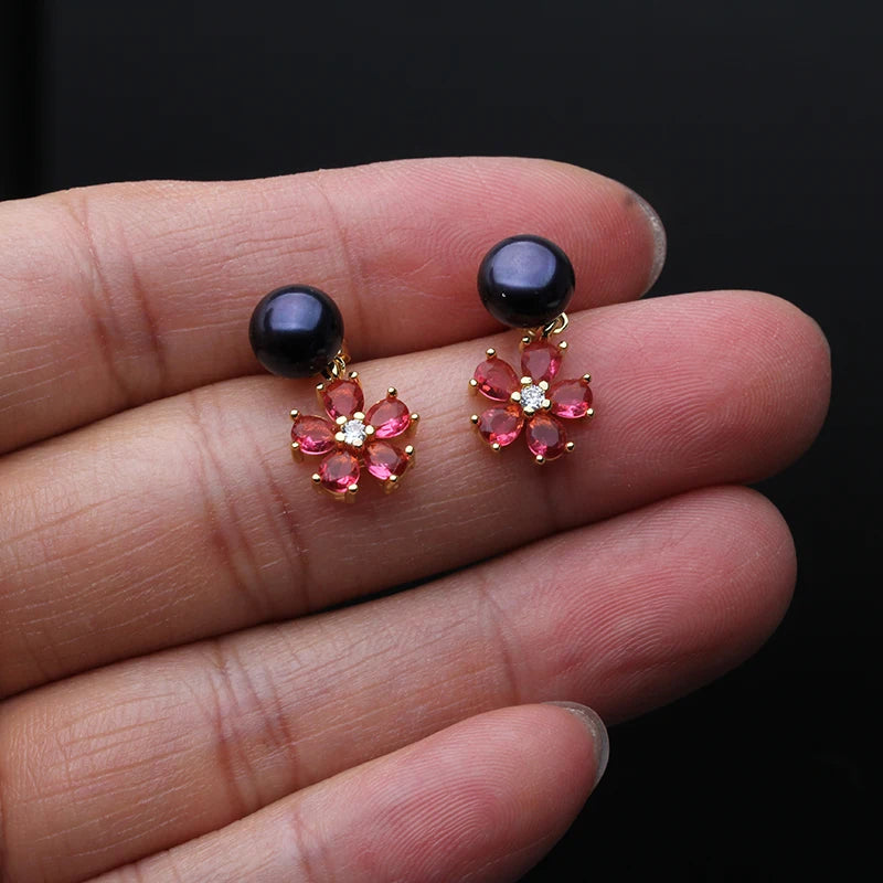Real Natural Freshwater Pearl Earrings For Women,Flower Red