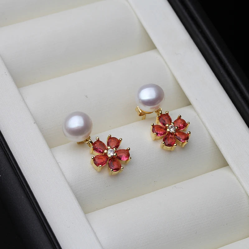 Real Natural Freshwater Pearl Earrings For Women,Flower Red