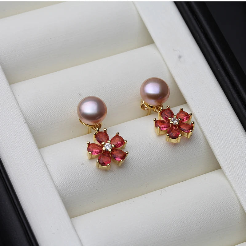 Real Natural Freshwater Pearl Earrings For Women,Flower Red