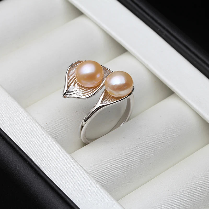 Real Natural Freshwater White Black Double Ring with Real Pearls,925 Silver Adjustable Pearl Rings