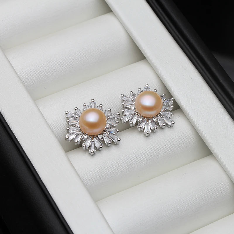 100% Real Natural Pearl 925 Sterling Silver Earring Woman,Classic Wedding Freshwater Pearl Earrings Anniversary Gift
