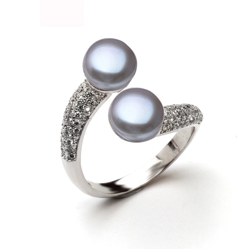 Real Natural Freshwater Black Double Pearl Ring,Exquisite 925 Sterling Silver Ring Fine Jewelry Adjustable