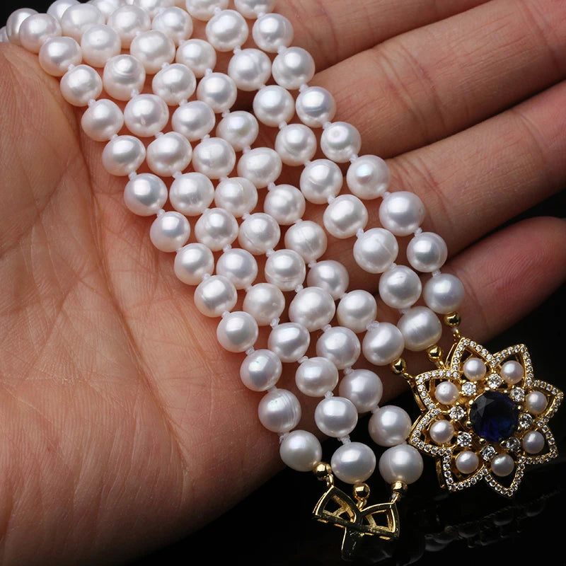 3 Row Natural Triplets Pearl Necklace For Girls,White Multilayer Freshwater Pearl Choker Necklace