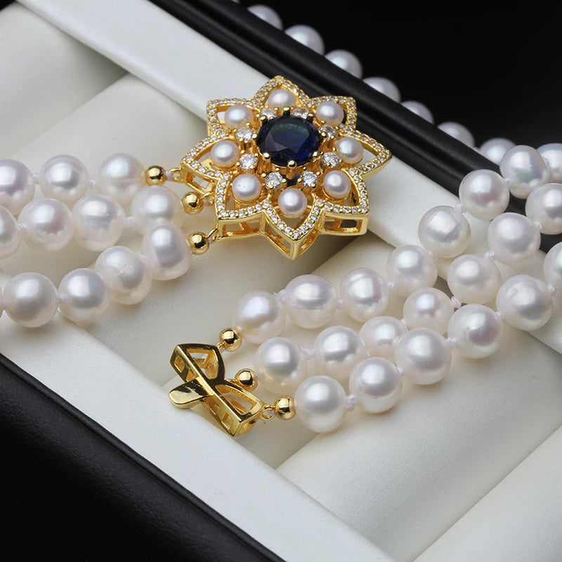 3 Row Natural Triplets Pearl Necklace For Girls,White Multilayer Freshwater Pearl Choker Necklace