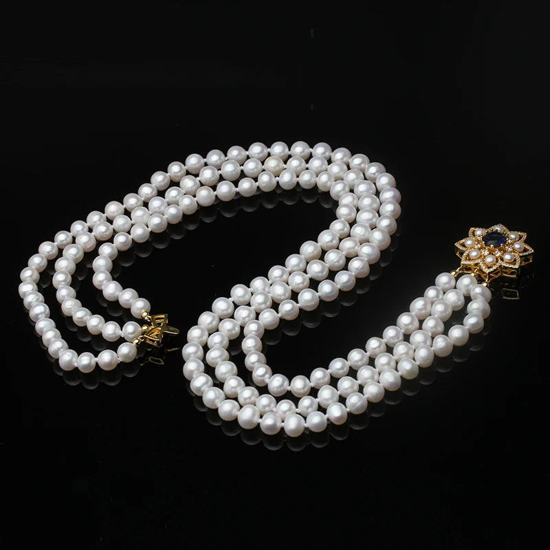 3 Row Natural Triplets Pearl Necklace For Girls,White Multilayer Freshwater Pearl Choker Necklace