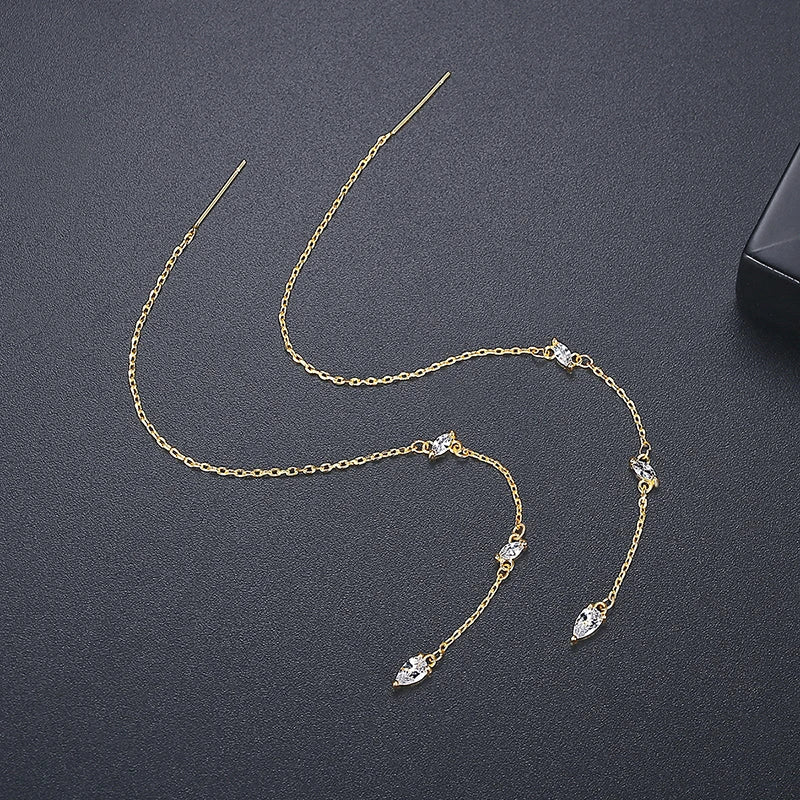 Thin Gold Color Tassel Ear Lines Small Clear Cubic Zircons Long Pendant Earrings for Girl Punk Party Jewelry