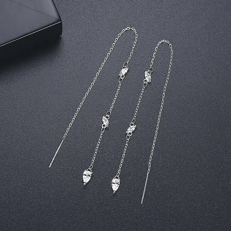 Thin Gold Color Tassel Ear Lines Small Clear Cubic Zircons Long Pendant Earrings for Girl Punk Party Jewelry