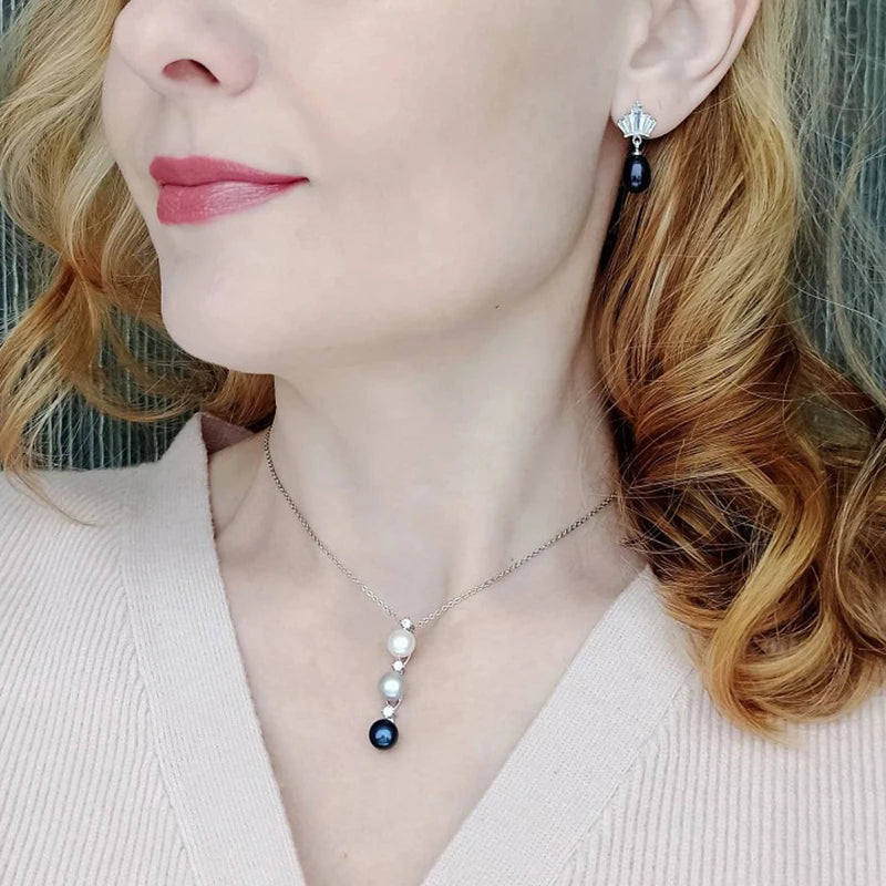 Real Natural Pearl Necklace And Earring Set Luxury 925 Silver Pearl Jewelry