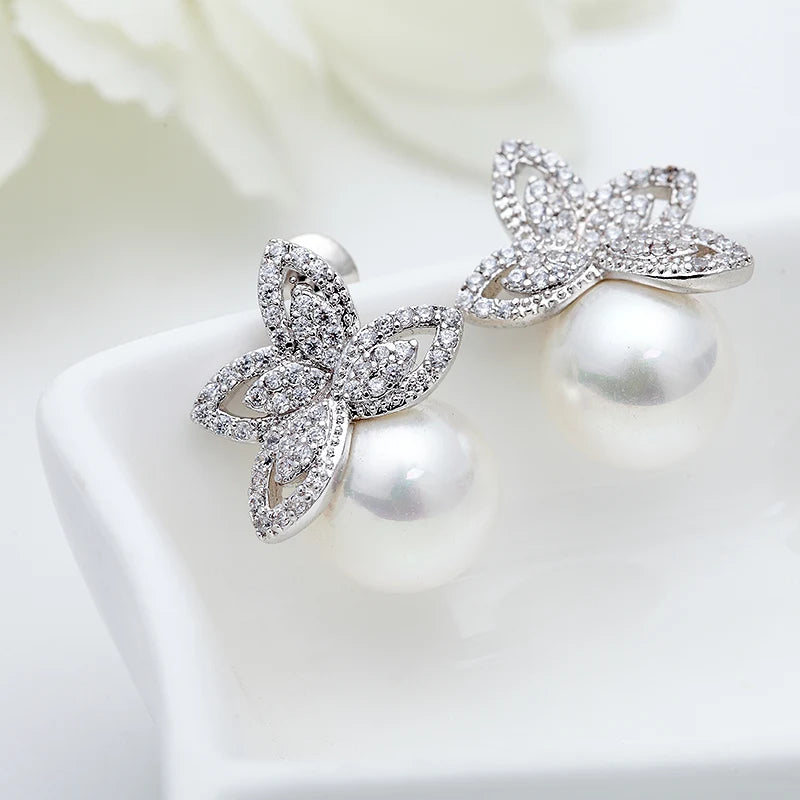 Luxury Clear Cubic Zircon Paved Flower Stud Earring with Imitation pearl