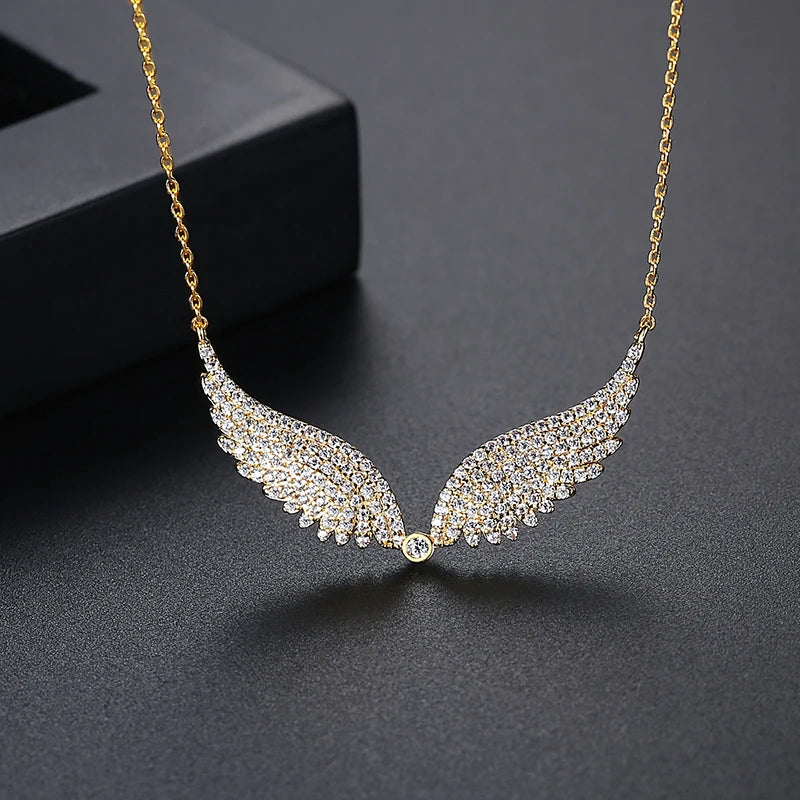 Gold Color Angle's Wings Fashion Cubic Zirconia Necklace for Women Crystal Sweater Free Shipping