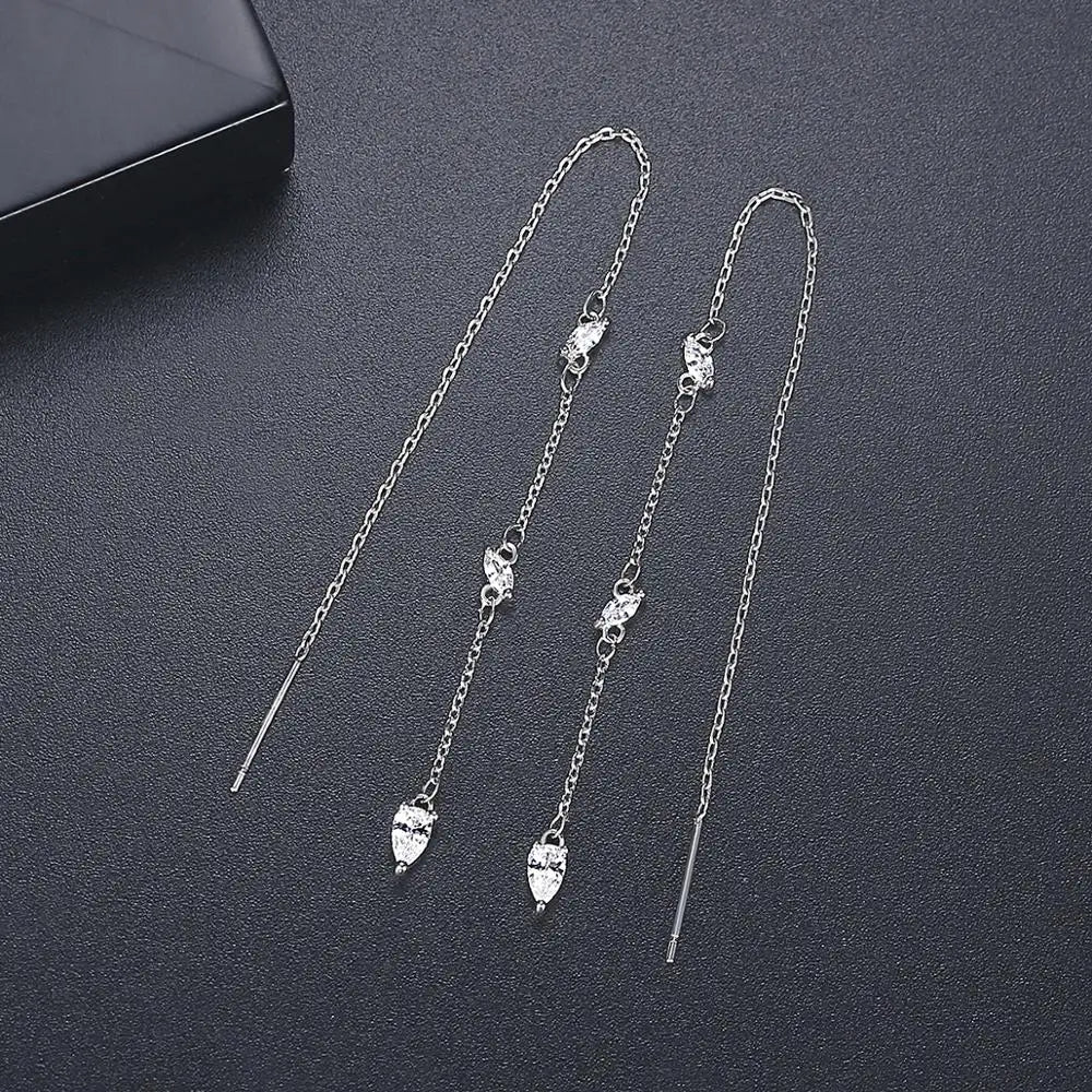 Thin Gold Color Tassel Ear Lines Small Clear Cubic Zircons Long Pendant Earrings for Girl Punk Party Jewelry