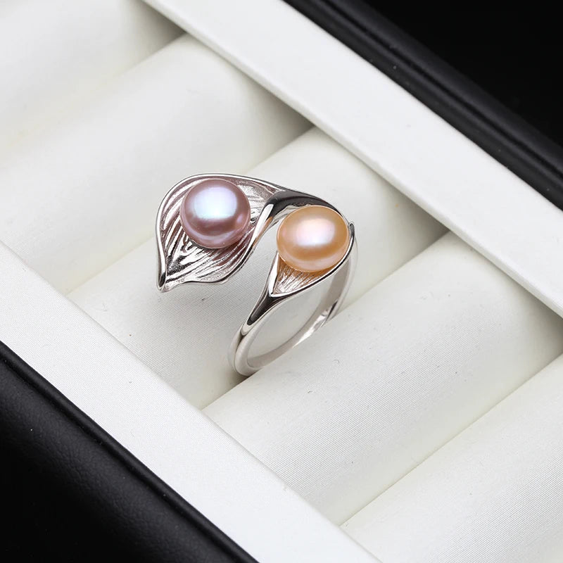 Real Natural Freshwater White Black Double Ring with Real Pearls,925 Silver Adjustable Pearl Rings