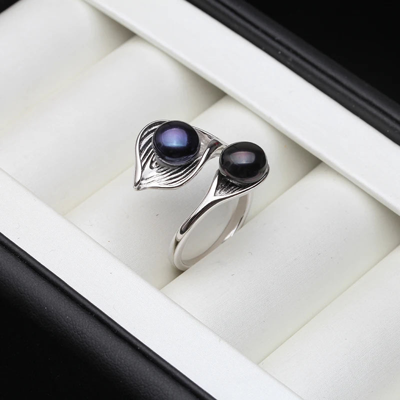 Natural 925 Silver Double Pearl Leaf Ring Adjustable reshwater Pearl Ring