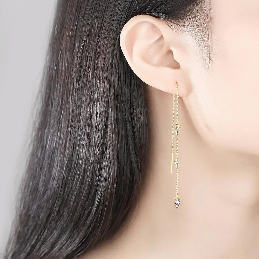 Thin Gold Color Tassel Ear Lines Small Clear Cubic Zircons Long Pendant Earrings for Girl Punk Party Jewelry