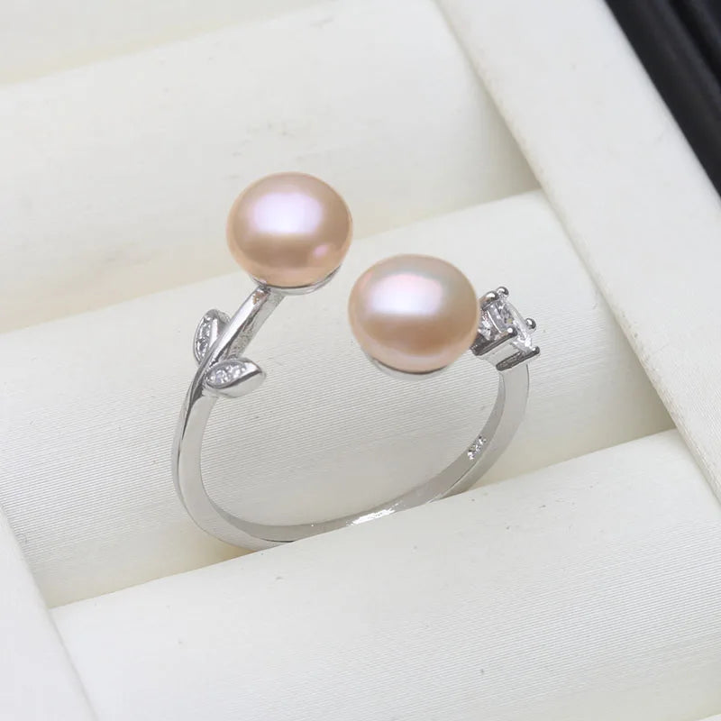 Real 925 Sterling Silver Pearl Ring Double Ladies Woman,White Natural Freshwater Adjustabl