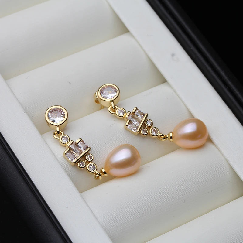 Real Natural Freshwater White Pearl Drop Earrings,Gold Plated Earrings with Natural Pearls