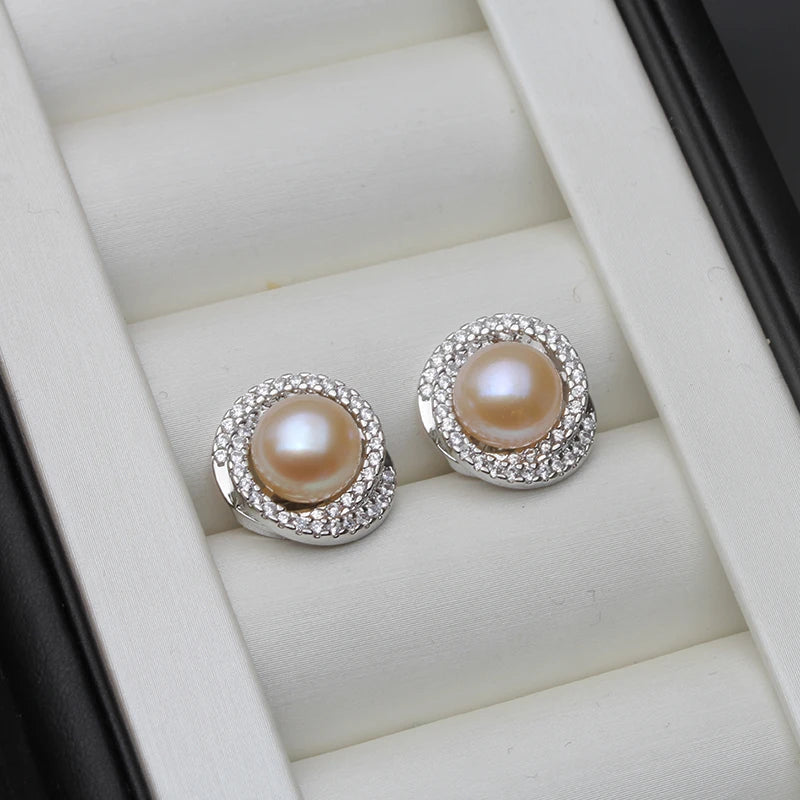 Real Natural Freshwater Gray Flat Pearl Earring For Women,Bridal 925 Sterling Silver Stud Earrings