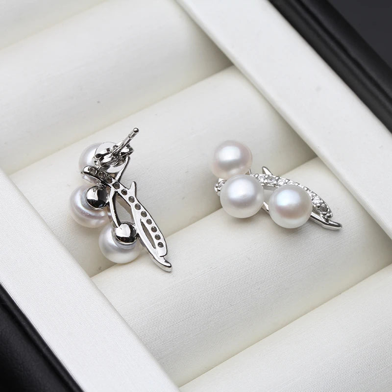 Real Silver 925 White Pearl Earrings, Natural Freshwater Stud Earrings