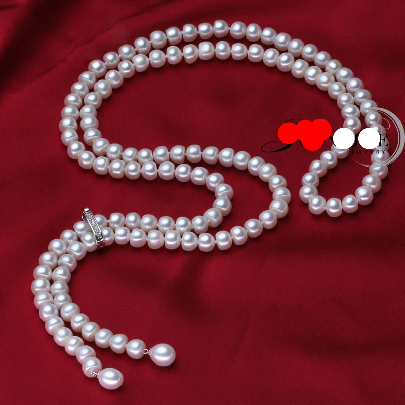 Real Pearl Necklace Long,925 Silver Natural Bridal Freshwater Pearl