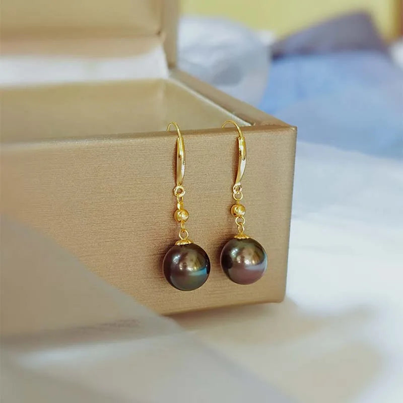 Real 18K Gold Tahitian Pearl Earrings For Women,Wedding Natural Sea Black Pearl Gold Earrings