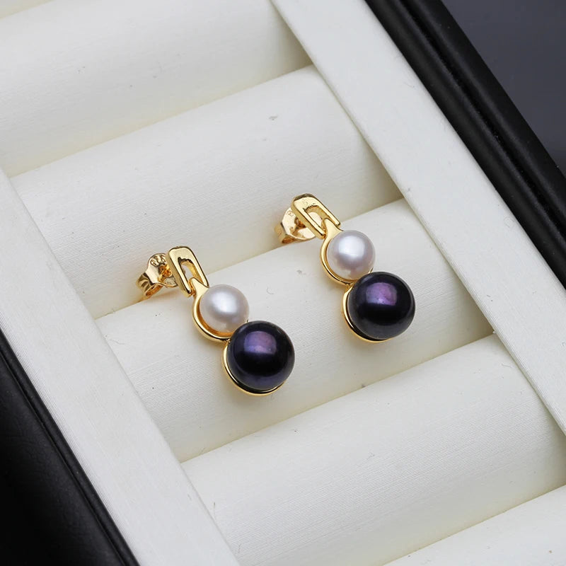 Beautiful White Double Pearl Earrings For Women,Real Natural Freshwater Stud Earrings Pearl