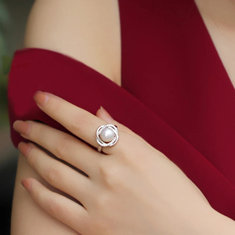 Real Freshwater Black Pearl Ring Woman,Cultured Natural Pearl Rings 925 Silver Adjustable