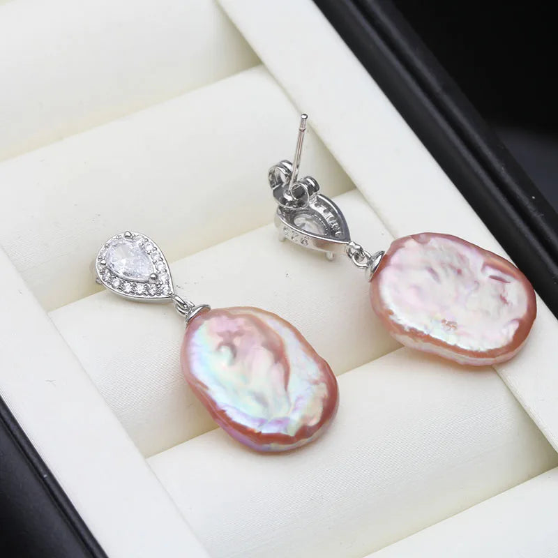 Real Beautiful Big Natural Baroque Pearl Earrings Women,925 Silver Freshwater Pearl Drop Earring