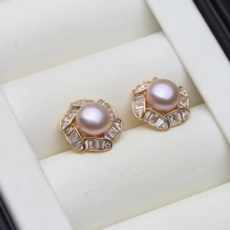 Beautiful Natural Freshwater Pink Pearl Earrings For Women,Cute Gold Plated Stud Earrings