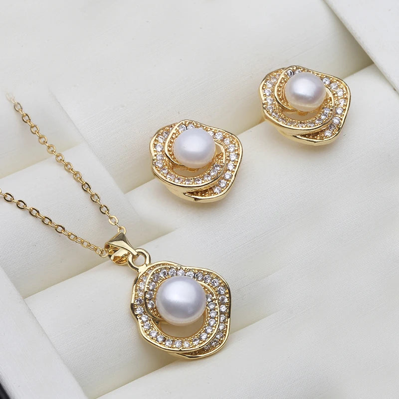 Real Natural Pearl Necklace and Earrings Set,Gold Plated Freshwater Pearl