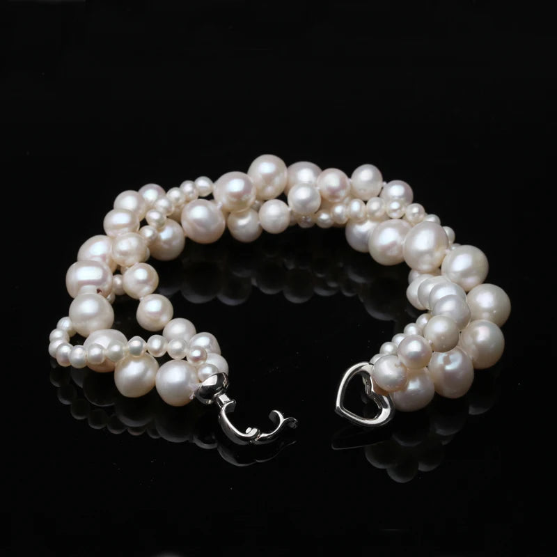 Mutilayer Natural Freshwater Pearl Bracelet Ladies Woman,925 Silver Real White Pearl Jewelry