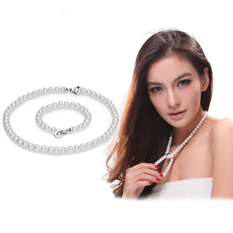 Natural Freshwater Pearl Necklace Bracelet Set,white 925 Silver Pearl Set