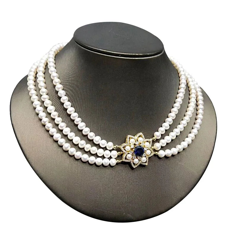 3 Row Natural Triplets Pearl Necklace For Girls,White Multilayer Freshwater Pearl Choker Necklace