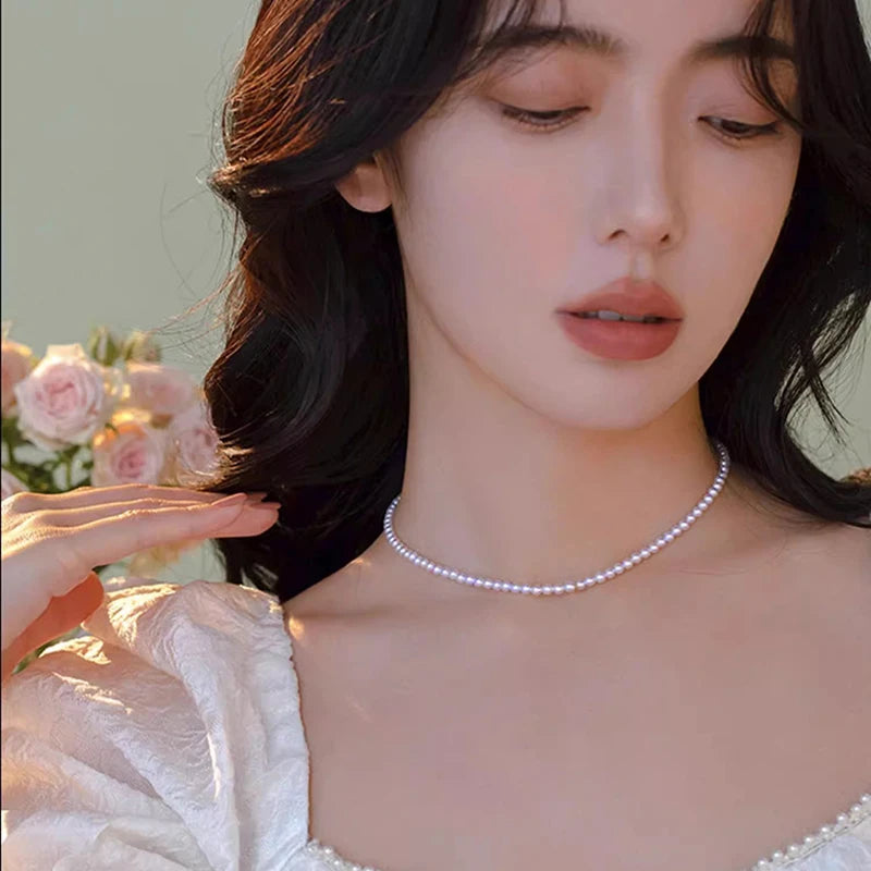 3-4mm Natural Freshwater Round Small Pearl Necklace for Women 925 Silver Lock Top Quality