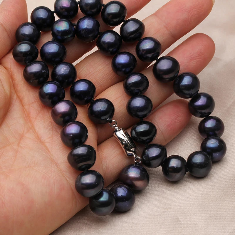 Real Freshwater Big Pearls For Necklaces For Women,Vintage Near Round Black Pearl Necklaces 925
