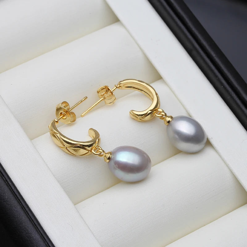Genuine White Freshwater Jewlery Pearl Earrings Woman,Trendy Gold Plated Earring with Natural Pearls