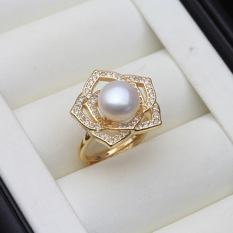Real Freshwater Natural Pearl Rings Women,Gold Plated Cultured Pearl Rings Adjustable