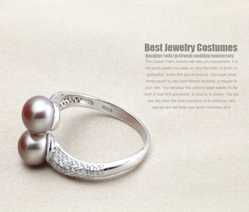 Real Double 925 Sterling Silver Pearl Rings Natural Freshwater Pearl Ring Adjustable