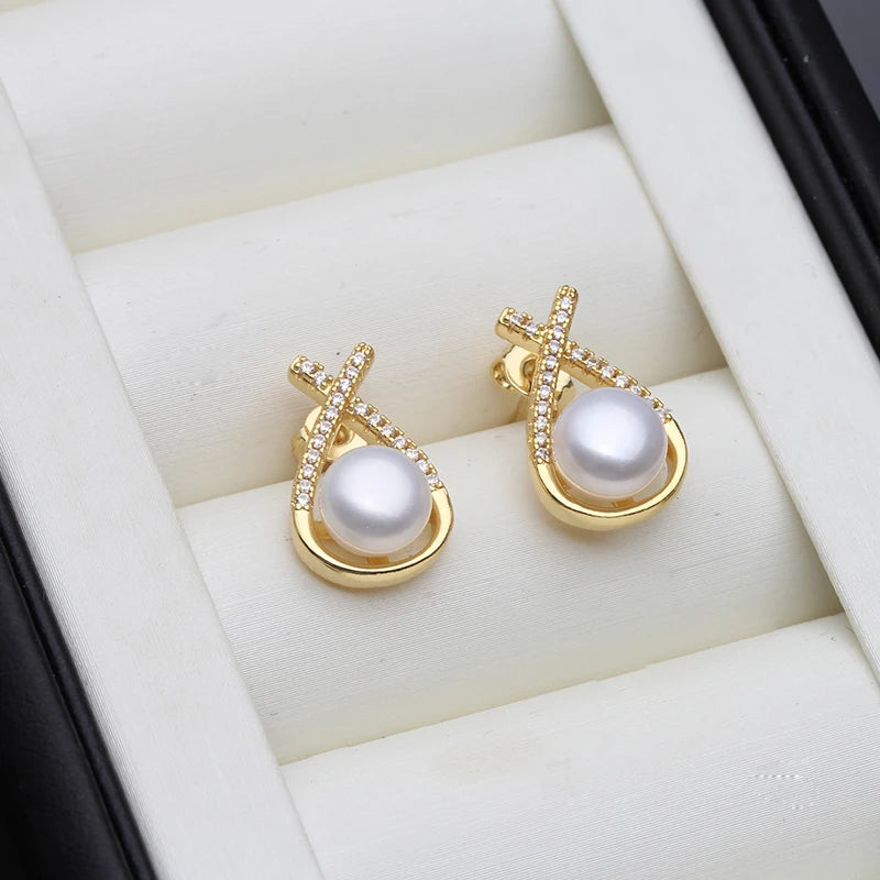 Genuine Bridal White Natural Pearl Earrings For Woman,Trendy Stud Earrings