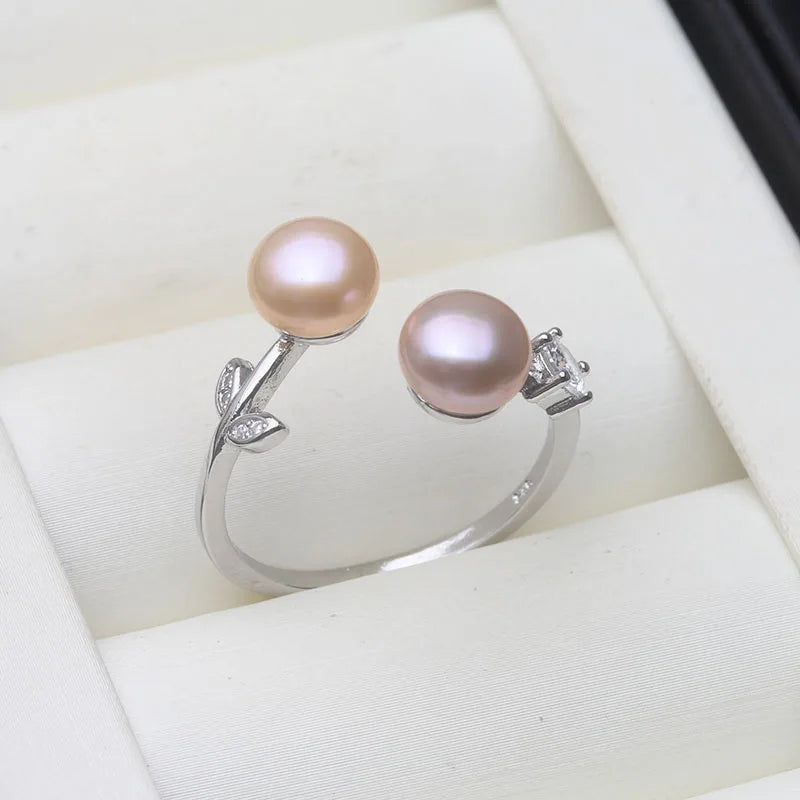 Real 925 Sterling Silver Pearl Ring Double Ladies Woman,White Natural Freshwater Adjustabl