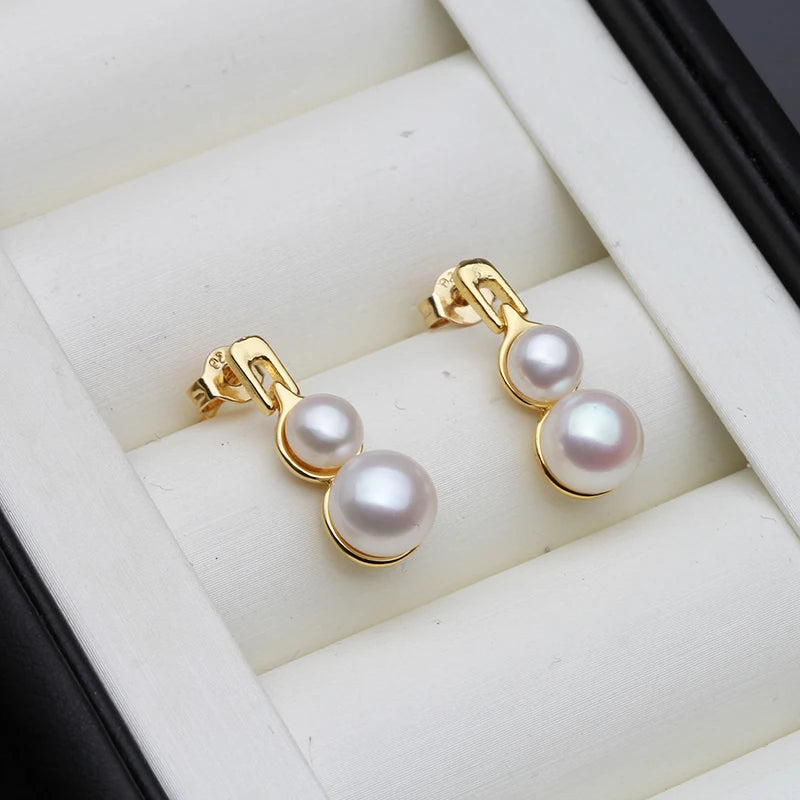 Beautiful White Double Pearl Earrings For Women,Real Natural Freshwater Stud Earrings Pearl