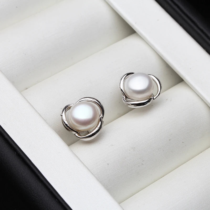 Real Classic White Natural Freshwater Small Pearl Earrings,Cute 925 Silver Stud