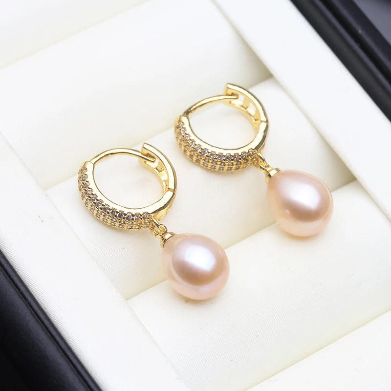 Genuine White Fresh Water Pearl Earrings Jewelry Woman,Bridal Gold Plated Hoop Earrings
