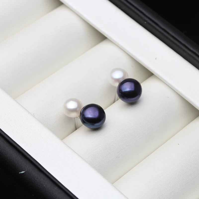 925 Sterling Silver Stud Earrings with Pearls,Small Natural Freshwater Double Pearl Earrings