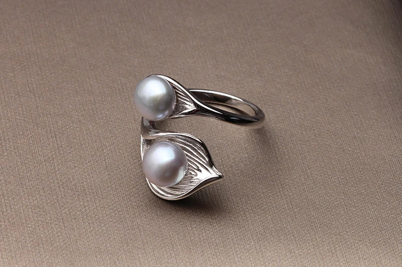Real Natural Freshwater White Black Double Ring with Real Pearls,925 Silver Adjustable Pearl Rings