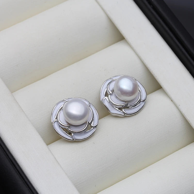 Genuine Silver 925 Stud Earrings Pearl,Cute Fresh water Natural Pearl Earrings Jewelry Wife Girls Birthday Gift White Black
